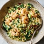 Creamy Shrimp and Sun-Dried Tomato Orzo with Asparagus and Spinach Recipe