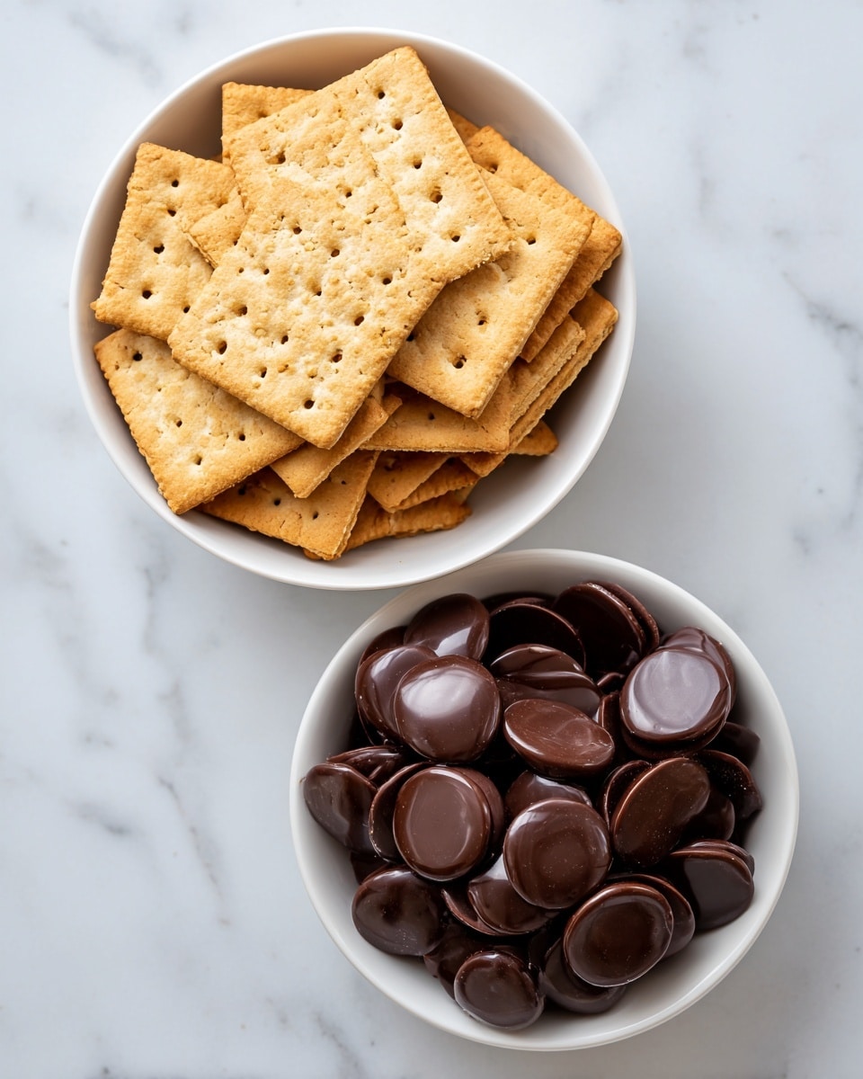 The image shows two white bowls placed on a white marbled surface. The top bowl is filled with square graham crackers stacked in several layers, each cracker light brown with small holes in a grid pattern. Below it, a second white bowl contains multiple shiny dark brown chocolate discs, piled in a soft, curved heap. Both bowls are centered and clearly visible from above, showing the textures and colors of the crackers and chocolate pieces photo taken with an iphone --ar 4:5 --v 7