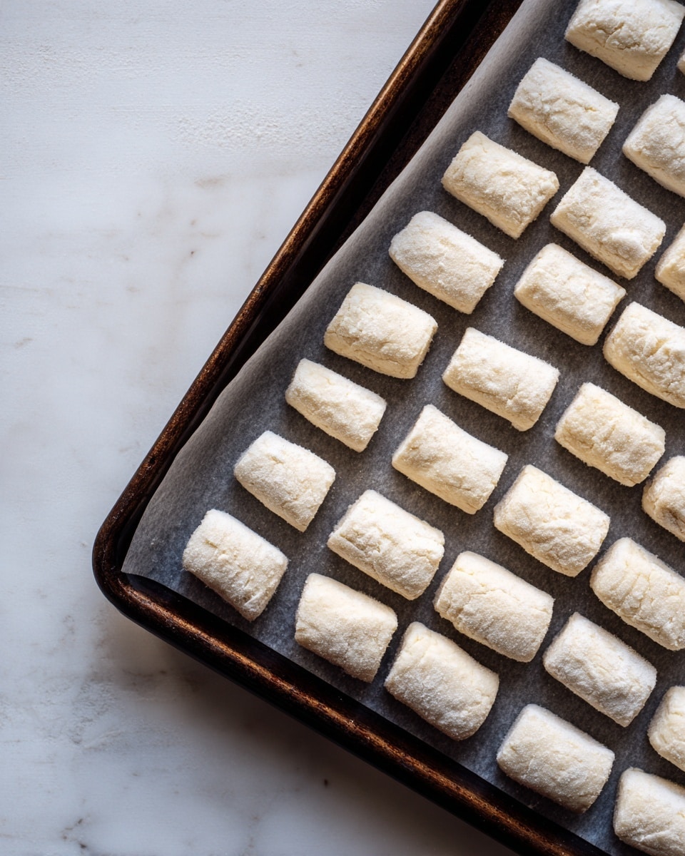 The image shows a tray lined with gray baking paper resting on a white marbled surface. On the tray, there are five rows of small, white dough pieces, each piece roughly rectangular and evenly spaced out. The dough pieces have a soft and slightly textured surface, with some showing slight irregularities in shape. The metal tray frame is dark brown, contrasting with the light dough and paper underneath. The scene is well-lit, highlighting the fresh, raw dough's pale color. photo taken with an iphone --ar 4:5 --v 7