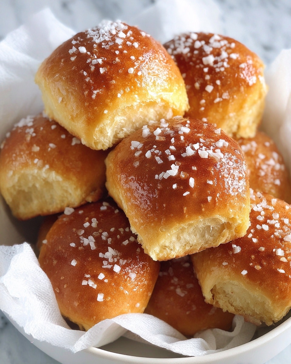 A close-up view of several soft, golden brown small rolls stacked in a white bowl lined with white paper. The rolls have a lightly shiny surface topped with scattered white coarse salt crystals, showing their fluffy, airy inside texture on some pieces. The bowl sits on a white marbled surface with a soft, blurred white background. photo taken with an iphone --ar 4:5 --v 7