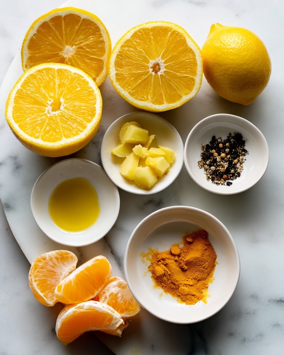 The image shows several ingredients arranged on a white marbled surface. At the top and center are halves of bright yellow lemons, showing their juicy, segmented interior, with a whole lemon placed beside them. Below the lemons are small white bowls; one contains yellow chopped ginger pieces, another has a small amount of orange turmeric powder, and a third has a black pepper mix. Near the bottom left is a small white bowl with golden olive oil. In the foreground, an orange peeled into segments reveals its bright orange flesh and white pith. The composition balances fresh citrus, spices, and oil, all with clear colors and textures, photo taken with an iphone --ar 4:5 --v 7