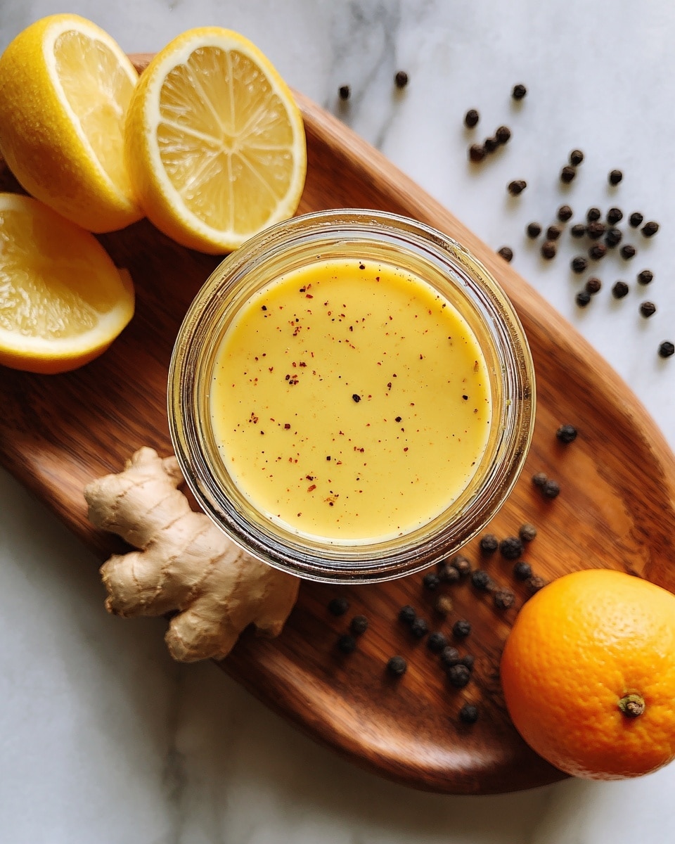 A close-up top view of a glass jar filled with smooth yellow sauce with tiny specks, placed on a wooden board surrounded by half-cut bright orange and yellow lemons, a small piece of ginger, and scattered black peppercorns, all set on a white marbled surface. photo taken with an iphone --ar 4:5 --v 7
