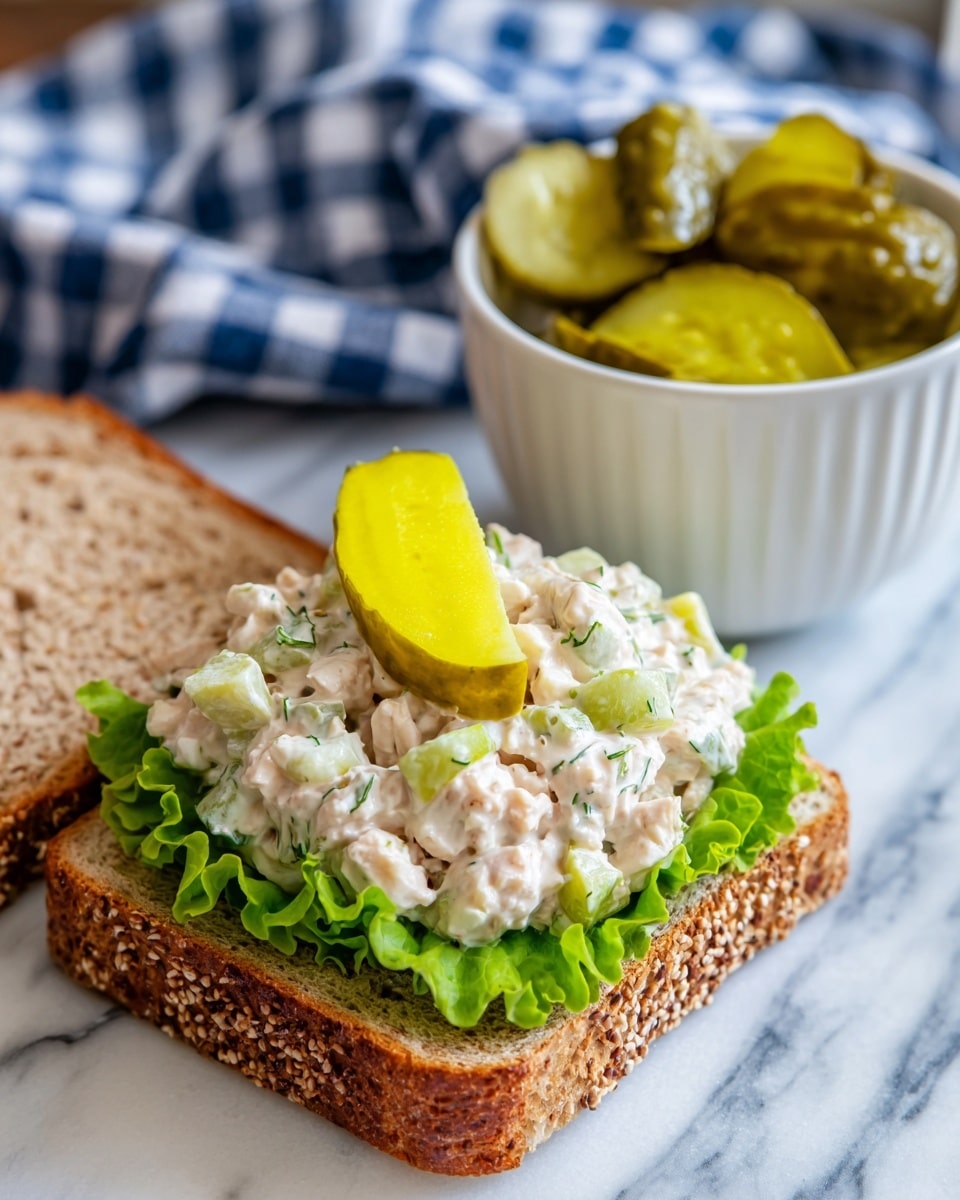 The image shows an open sandwich with three layers: the bottom layer is a slice of toasted whole grain bread with visible seeds, the middle layer is a fresh green lettuce leaf, and the top layer is a creamy chicken salad made with small chunks of chicken, diced celery, pickles, and onions mixed with herbs in a light dressing. On top of the salad, there is a single bright yellow-green slice of pickle with ridges. Next to the sandwich, there is a white bowl filled with shiny, ridged pickle slices. The whole setting is on a white marbled surface with a blue and white checkered cloth in the top corner. Photo taken with an iphone --ar 4:5 --v 7