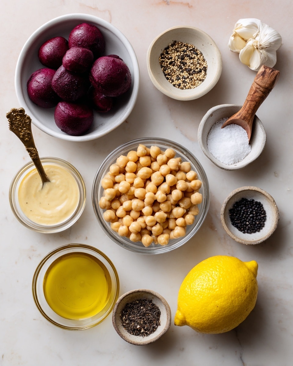 On a white marbled surface, there are seven small bowls and one whole lemon arranged. In the center-bottom, a clear bowl holds beige chickpeas. Above it, a white bowl contains dark purple beets that look smooth and round. To the right, a whole yellow lemon is placed on the surface. Above the lemon, a small white bowl filled with coarse black pepper has a small wooden spoon inside. To the upper right, another small white bowl filled with white salt also has a small wooden spoon. To the top left, two garlic cloves sit in a clear bowl. A clear bowl filled with a creamy beige sauce is placed near the garlic. Below this bowl, there is a small clear bowl with black seeds. At the bottom left, a small container with golden olive oil and a wooden handle completes the arrangement. The background shows a soft pink texture. photo taken with an iphone --ar 4:5 --v 7
