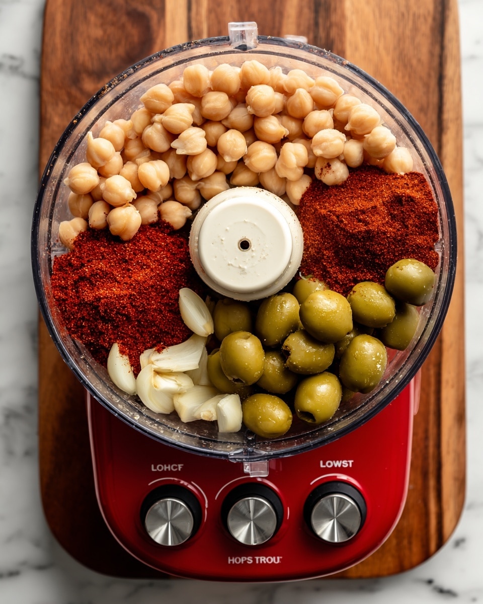 A top view of a food processor filled with several ingredients in separate sections; one section has pale beige chickpeas, another section shows large green olives, a smaller part holds light garlic cloves, and there is a pile of reddish-brown spice powder near the chickpeas. The food processor is clear with a white center blade holder, and the base is red with black and silver buttons marked Off, Low, High, and Pulse. The processor sits on a wooden board, which is placed on a white marbled surface. Photo taken with an iphone --ar 4:5 --v 7
