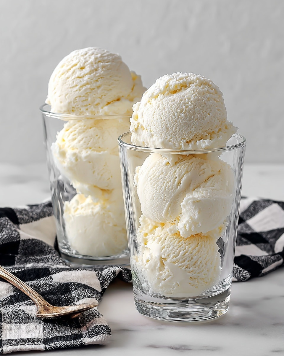 Two tall clear glass cups are filled with three scoops each of white ice cream with visible specks of vanilla showing texture and creaminess. The ice cream scoops have soft edges and a fluffy, slightly melting look. The cups stand on a white marbled surface with a black and white checked cloth casually placed nearby. The light is soft, making the ice cream look fresh and inviting photo taken with an iphone --ar 4:5 --v 7