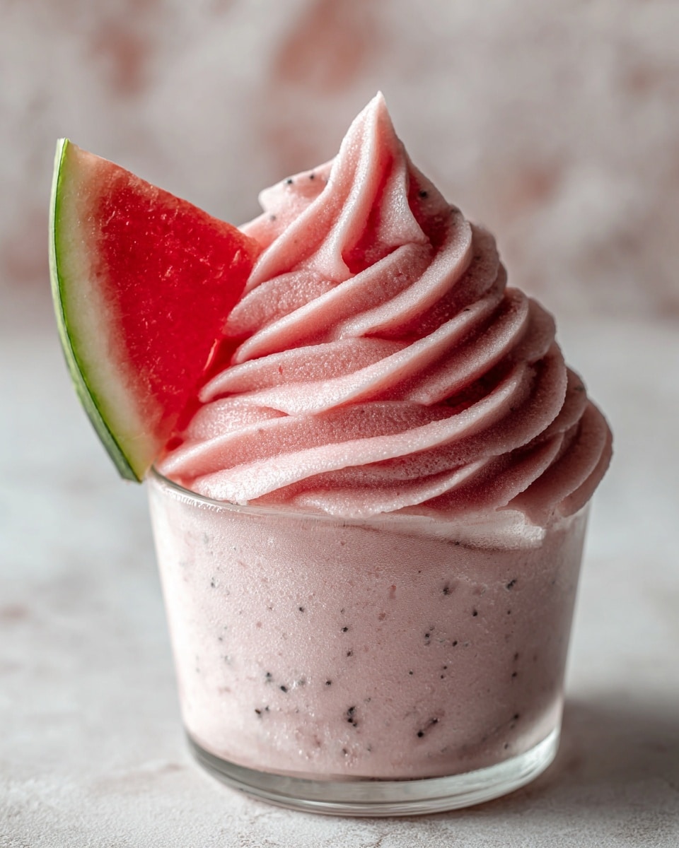 A close-up of a layered pink frozen dessert swirled smoothly inside a clear glass cup with soft, creamy texture and tiny dark specks throughout. On the left edge of the glass, a triangular slice of bright red watermelon with a green rind is gently placed, adding a fresh and vibrant contrast. The background is softly blurred in shades of pink and red with a white marbled surface beneath. Photo taken with an iphone --ar 4:5 --v 7