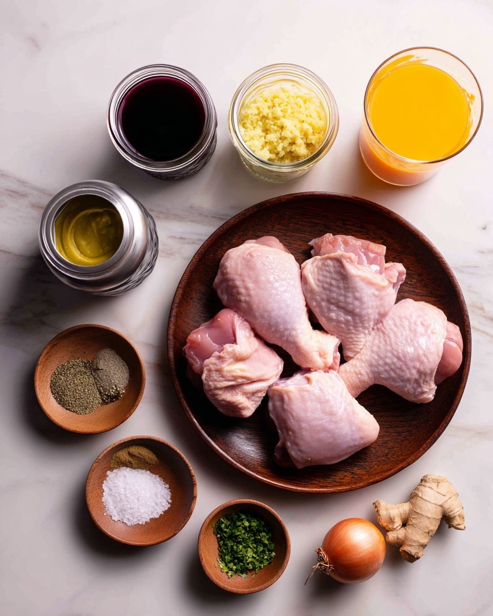 Four raw pink chicken pieces lie on a dark wooden plate on the right side. On the left side, there are two glass jars at the top, one with dark red sauce and another with dark soy sauce. Below them are two small metal containers, one with yellow mustard and the other with chopped light yellow garlic. Under these is a small glass with orange liquid, likely juice. At the bottom left, several small wooden bowls hold black pepper, salt, green herbs, and another green spice. At the bottom right, an orange onion and a light ginger piece lie on a white marbled surface photo taken with an iphone --ar 4:5 --v 7