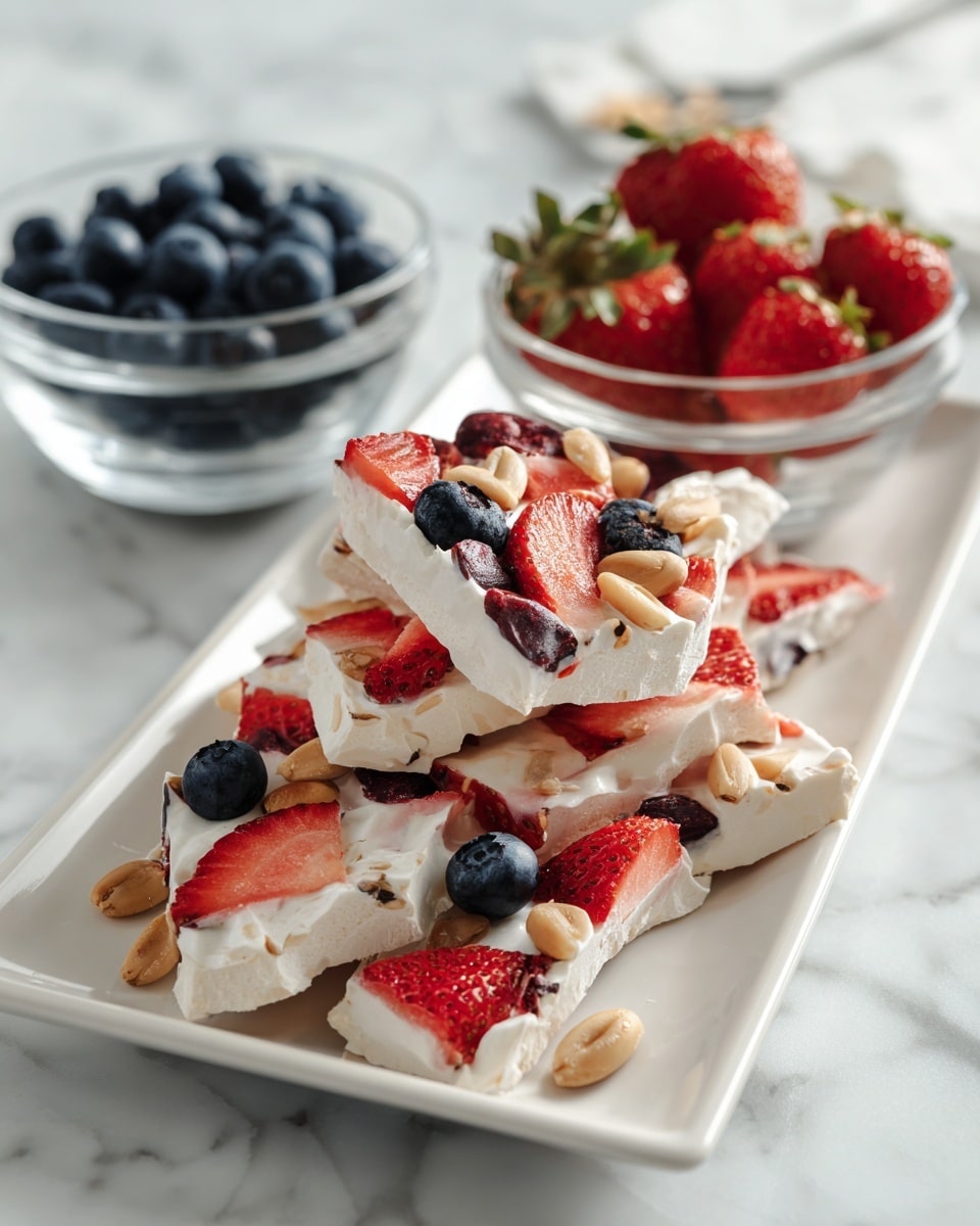 The image shows a white square plate with several pieces of frozen yogurt bark that has three main layers: a smooth white yogurt base, topped with bright red strawberry slices, dark blue blueberries, and sprinkled with light brown mixed nuts and seeds. The yogurt pieces are unevenly shaped and stacked casually on the plate. In the background, two clear glass bowls contain whole red strawberries and blueberries, all placed on a white marbled surface. The scene is bright and clean with a fresh, summery feel photo taken with an iphone --ar 4:5 --v 7