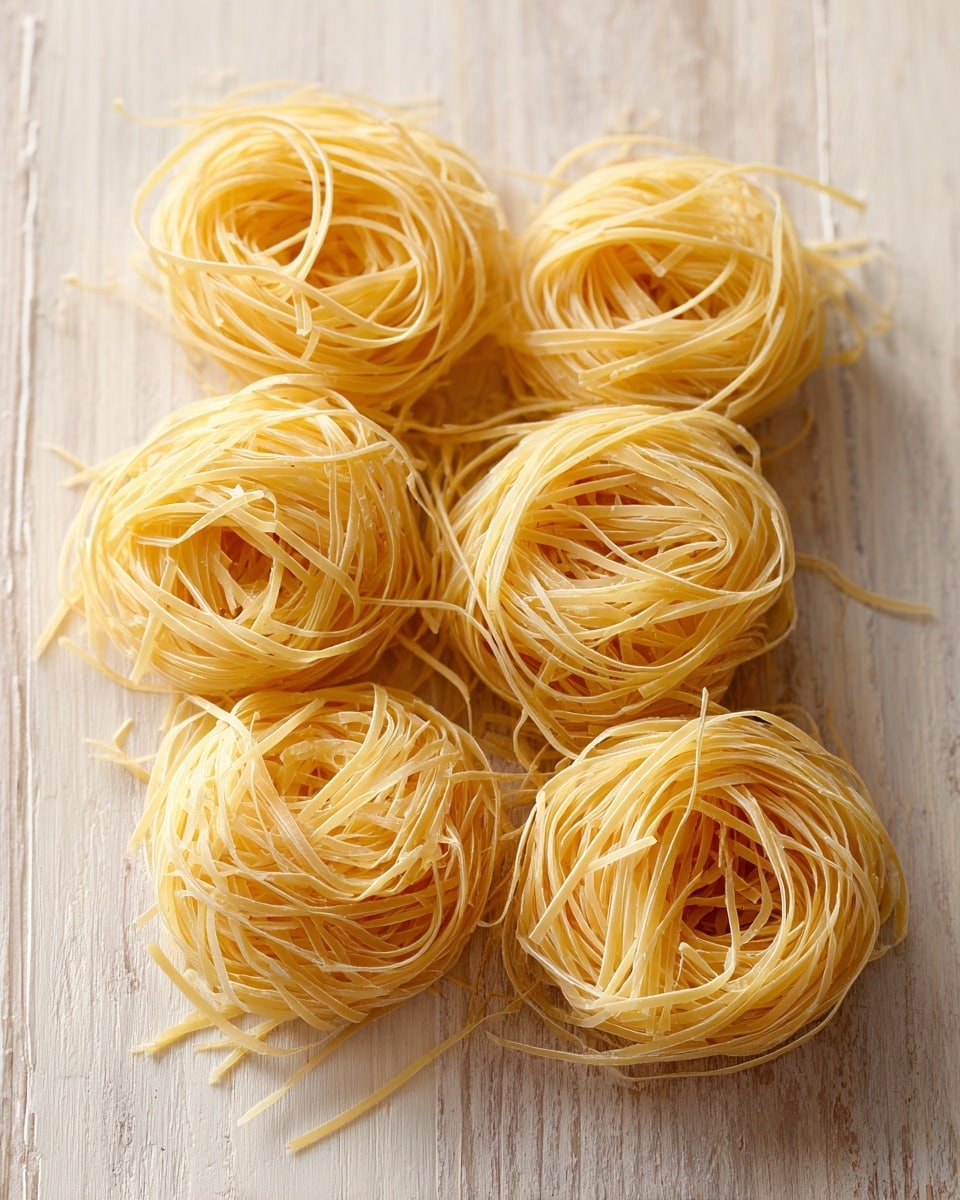 Six small round nests of uncooked thin yellow pasta are placed closely together on a light beige wooden surface with a subtle grain pattern. Each nest is made of many long thin strands twisted in a circular shape, with some loose strands extending outward. The photo is clear and taken from above, showing the texture and fine details of the pasta. The background is softly lit, enhancing the natural yellow color of the pasta. photo taken with an iphone --ar 4:5 --v 7