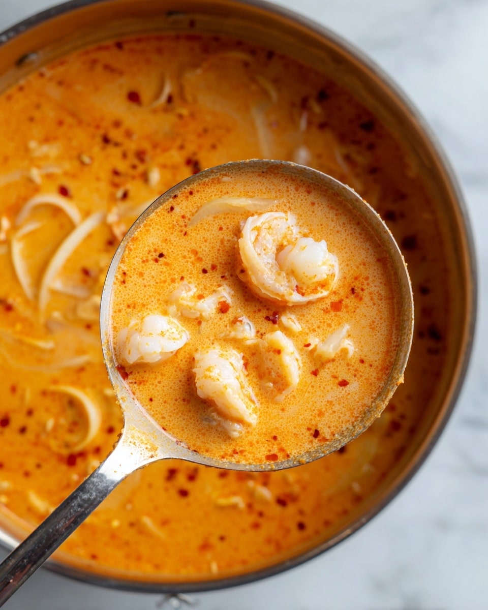 The image shows a close-up of a ladle filled with a thick, orange creamy soup with a smooth texture that has small reddish spice flakes on top. Inside the ladle, there are three main layers: small white chunks that look soft and creamy, light pink curled pieces that resemble shrimp, and thin light yellowish strips of onion, all mixed in the rich soup. The ladle is metallic with some drops of soup on its handle and rests in the larger pot of the same orange soup. The background surface is a white marbled texture. Photo taken with an iphone --ar 4:5 --v 7
