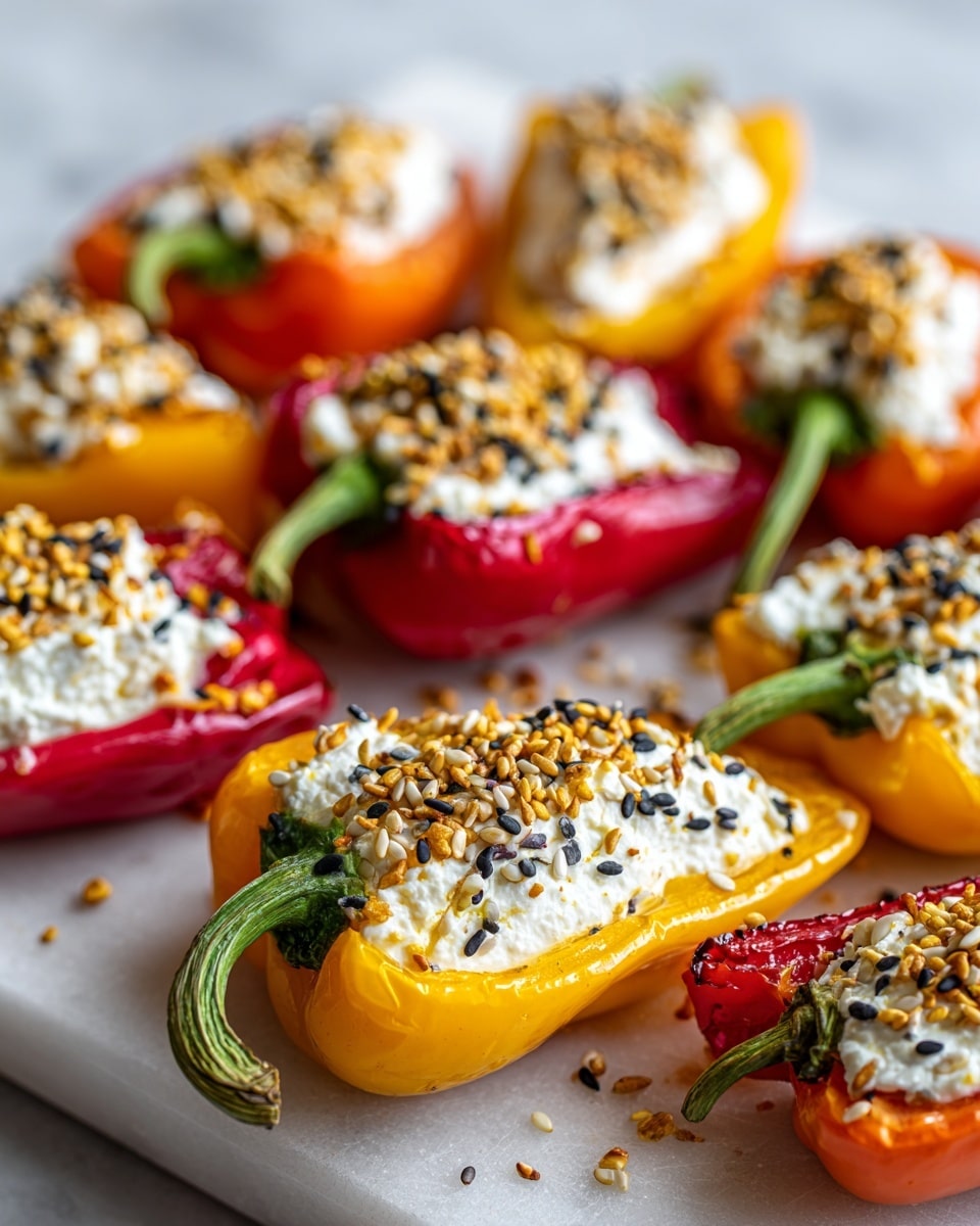 The image shows several mini peppers halved and placed on a white marbled surface, each filled with a thick, creamy white cheese layer. The peppers come in bright colors like red, orange, and yellow, with their green stems still attached. On top of the cheese, there is a sprinkling of black and white sesame seeds mixed with small golden crunchy bits, adding texture and contrast. The peppers are arranged close together with some sprinkled seasoning scattered around the surface. The lighting is bright and soft, and the photo is taken with an iphone --ar 4:5 --v 7