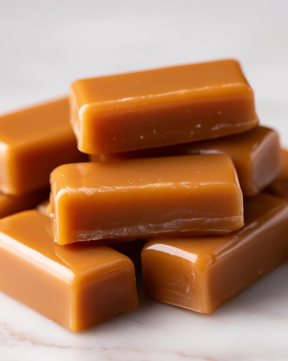 A close-up view of a group of light brown, smooth, and shiny rectangular caramel pieces stacked in a small pile on a white marbled surface. Each caramel has straight edges with slight rounded corners and a soft texture with some highlights reflecting light. The candies are arranged unevenly, with some pieces laying flat and others slightly tilted or resting on top of each other, creating layers. The background is softly blurred, focusing on the rich color and creamy texture of the caramels. photo taken with an iphone --ar 4:5 --v 7