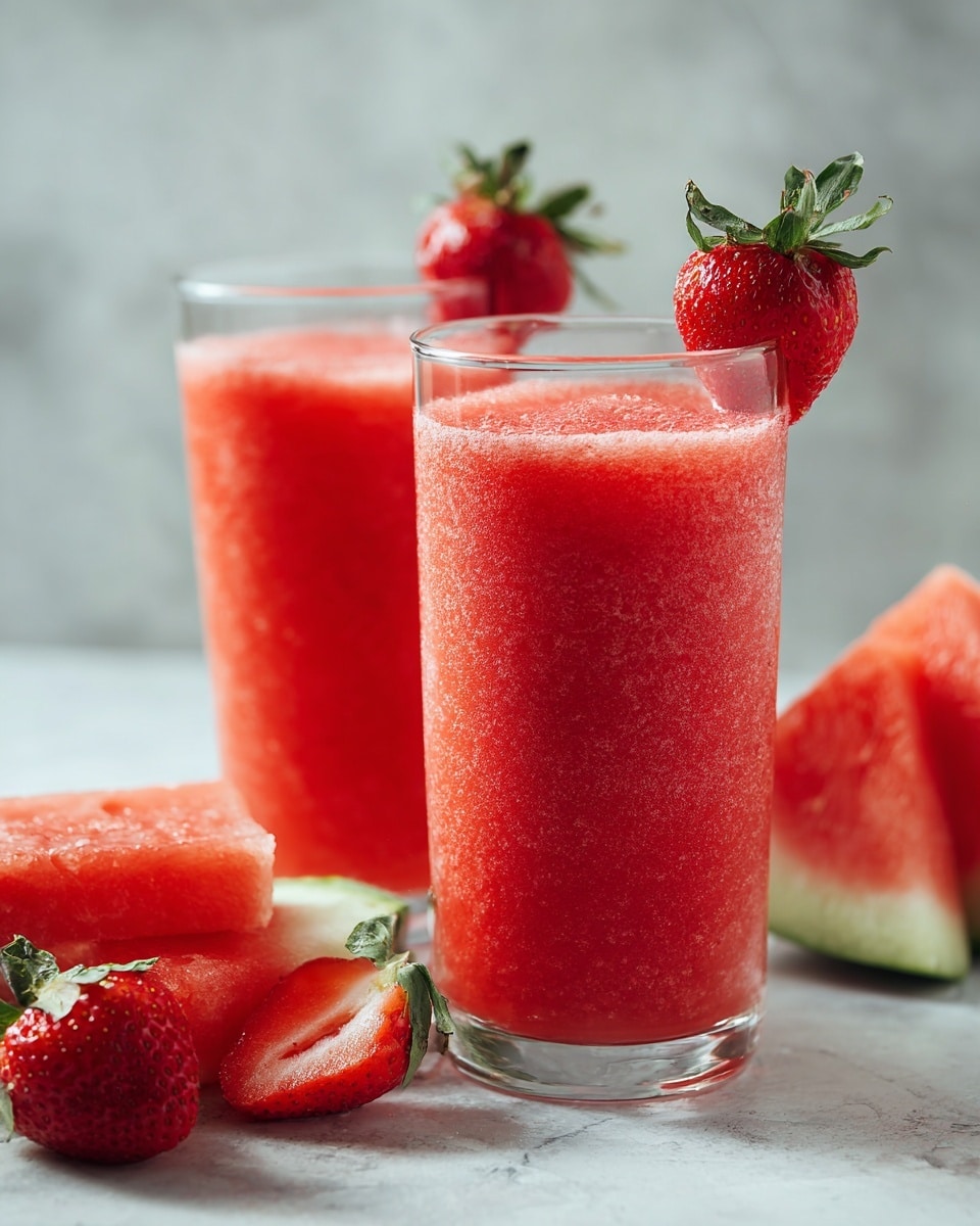Two tall clear glasses filled with a smooth, bright red drink. Each glass is garnished with a fresh whole red strawberry with green leaves on the rim. The glasses stand on a white marbled surface with slices of watermelon placed around them. The background is soft and grey, slightly blurred to keep focus on the drinks. photo taken with an iphone --ar 4:5 --v 7