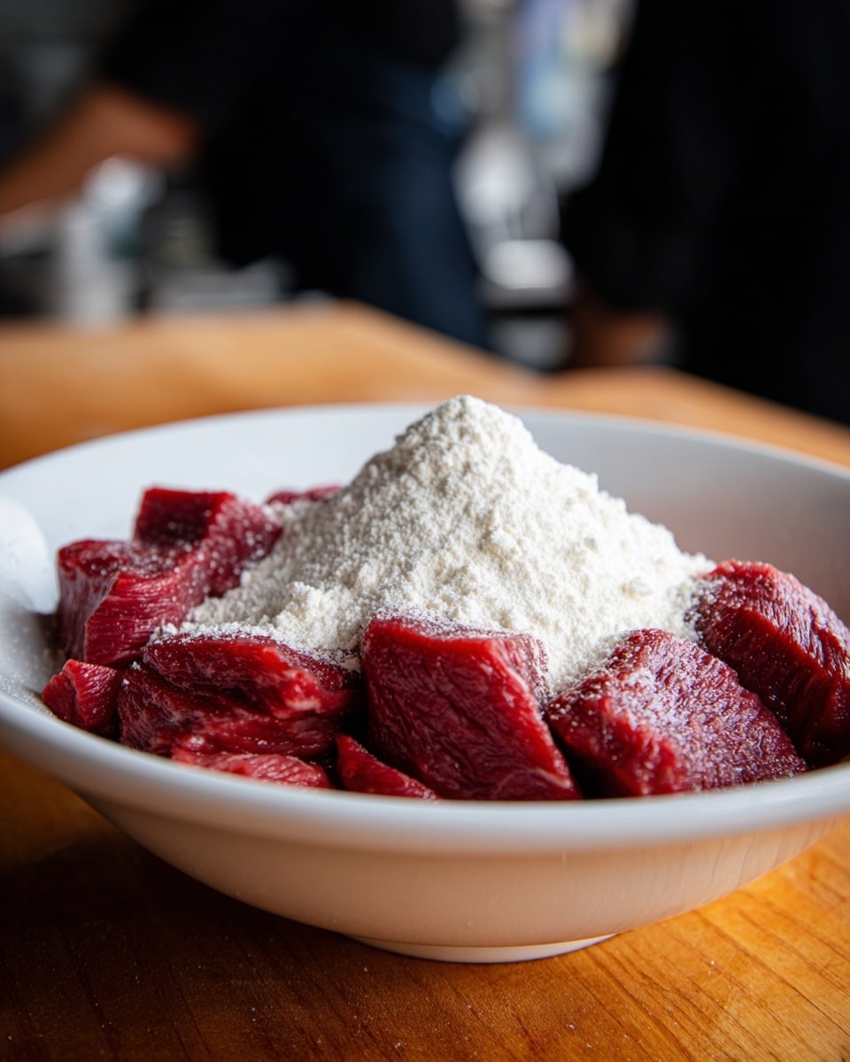 A white bowl filled with several thick, raw, deep red meat pieces arranged closely together as the base layer, topped with a mound of white powdery flour sitting prominently on top of the meat. The bowl rests on a wooden surface with a blurred background and a person dressed in black visible in the back. Photo taken with an iphone --ar 4:5 --v 7