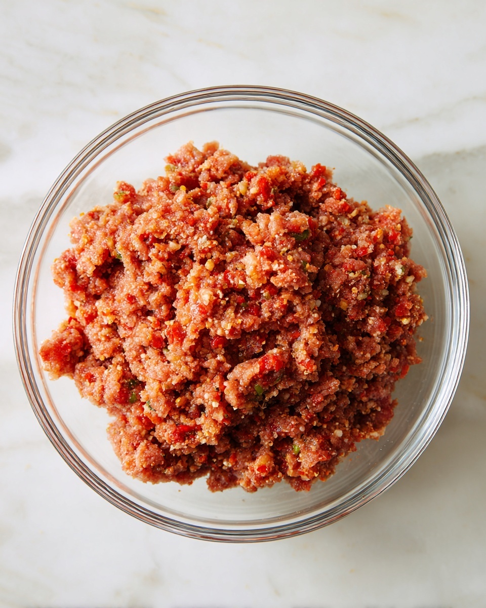 A clear glass bowl placed on a white marbled surface holds a mixture of raw ground meat. The mixture has a rough texture with visible red and light brown colors blended together, showing small granules of seasoning and bits of other ingredients mixed in. The bowl is simple, round, and transparent, making the mixture easy to see from above. Photo taken with an iphone --ar 4:5 --v 7