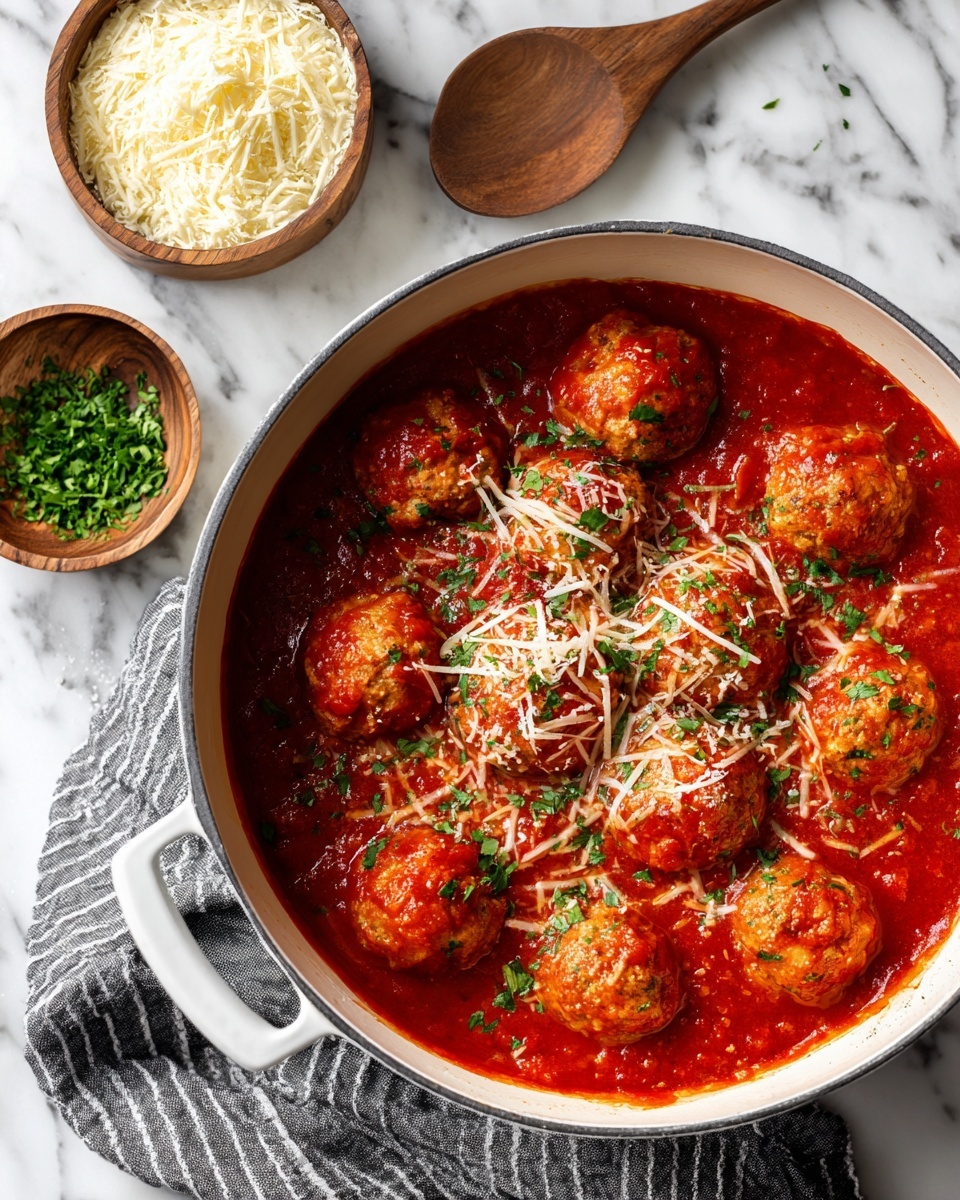 A white pot filled with many round meatballs covered in bright red tomato sauce, lightly sprinkled with shredded cheese and small chopped green herbs on top, sitting on a white marbled surface with a gray striped cloth on the side, and two small wooden bowls with grated cheese and chopped herbs placed nearby photo taken with an iphone --ar 4:5 --v 7
