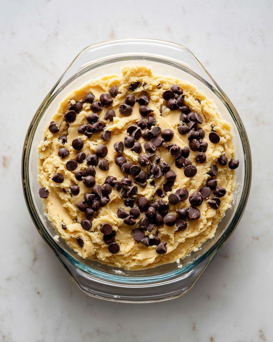 A clear glass baking dish filled with one even layer of pale yellow cookie dough mixed with dark brown chocolate chips spread throughout, topped with extra chocolate chips scattered across the surface, sitting on a white marbled textured surface, photo taken with an iphone --ar 4:5 --v 7