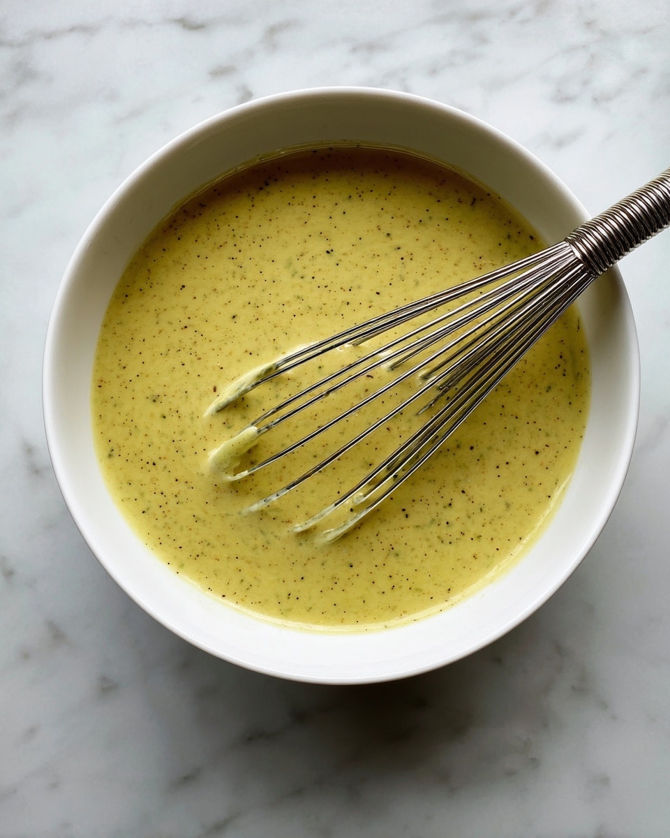 A white bowl holds a single smooth layer of thick, yellow-green sauce dotted with tiny black specks and faint bits of texture, with a silver metal whisk partially submerged in the sauce on the right side. The bowl sits on a white marbled surface. photo taken with an iphone --ar 4:5 --v 7