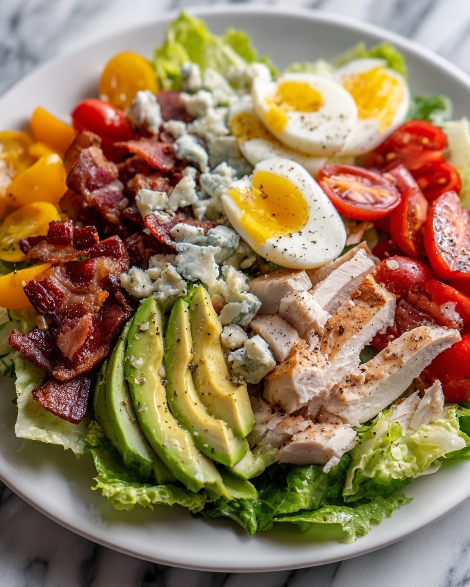 A white plate holds a salad with multiple layers: the base is fresh, green romaine lettuce leaves with rough texture, scattered with thick slices of light brown cooked chicken. On top, there are smooth, pale green avocado slices, bright red and yellow cherry tomato halves, dark reddish-brown crispy bacon pieces, and creamy white and blue speckled chunks of blue cheese. Two halves of a soft-boiled egg with a yellow yolk and white edges are placed near the edges, sprinkled lightly with black pepper. The salad sits on a white marbled surface. photo taken with an iphone --ar 4:5 --v 7