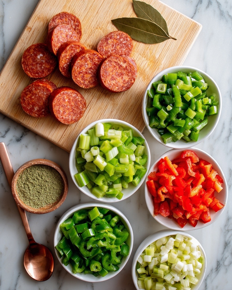 The image shows a light wood cutting board placed on a white marbled surface, holding a sliced reddish sausage and two dried bay leaves above it. Around the board are six small white bowls; starting from the top right and moving clockwise, they contain diced red bell peppers, diced green bell peppers, chopped celery, chopped okra, another bowl of chopped celery, and a light brown powder seasoning in another bowl closer to the bottom left. There is also a copper spoon filled with a greenish powder seasoning near the top left. The bright colors of the vegetables and sausage contrast with the neutral tones of the wood board and white marble background. Photo taken with an iphone --ar 4:5 --v 7