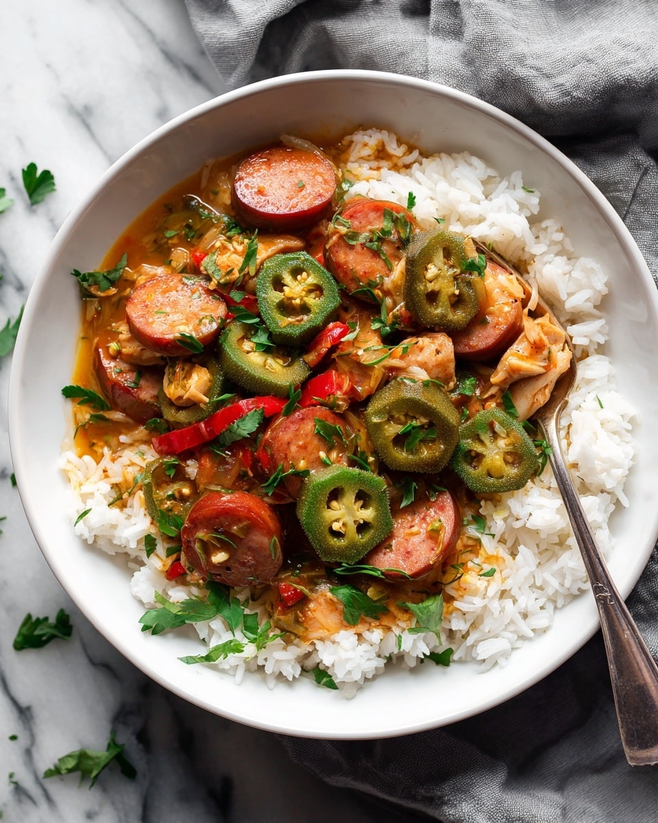 A white bowl is filled with two main layers: a bed of pure white cooked rice forms the base layer, topped with a colorful stew. The stew layer shows bright reddish-brown sausage slices, light brown shredded chicken pieces, and green okra rounds with visible seeds inside. Small bits of red bell pepper and fresh green herbs are scattered on top, creating a contrast of colors. The stew looks moist with a slightly thick orange-brown sauce coating all ingredients. A silver spoon holds up a bite showing a sausage piece, chicken, and some sauce, all resting on the rice. The bowl is on a white marbled surface with a soft gray cloth in the background. photo taken with an iphone --ar 4:5 --v 7