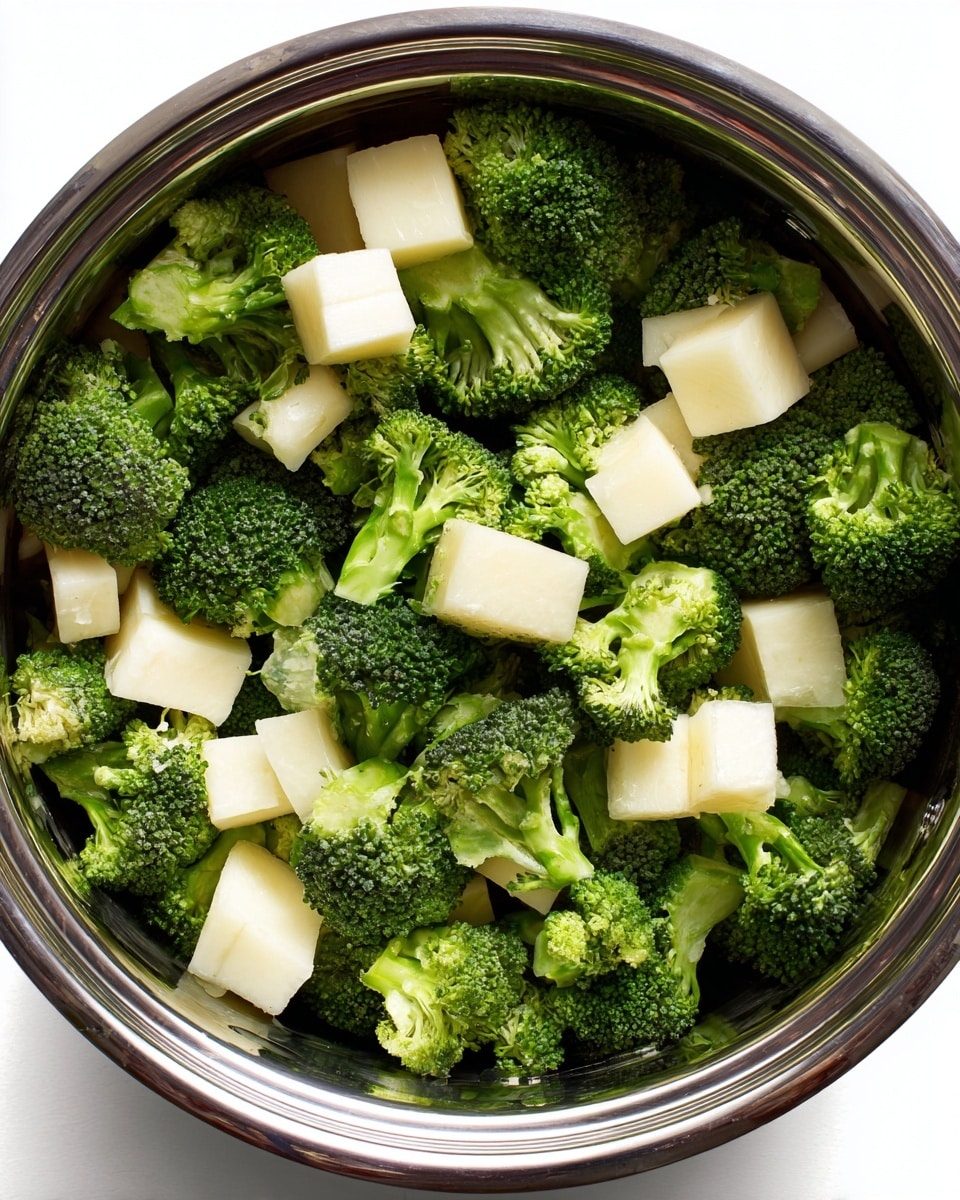 Inside a shiny steel pot, there is one layer of fresh green broccoli florets mixed with cubed white potato pieces. The broccoli is bright and bumpy, scattered evenly, while the potato cubes are smooth and pale, positioned among the broccoli. The pot’s reflective inner walls add a shiny silver color around the vegetables. The scene is simple and clean, focused on the fresh ingredients ready to be cooked. photo taken with an iphone --ar 4:5 --v 7