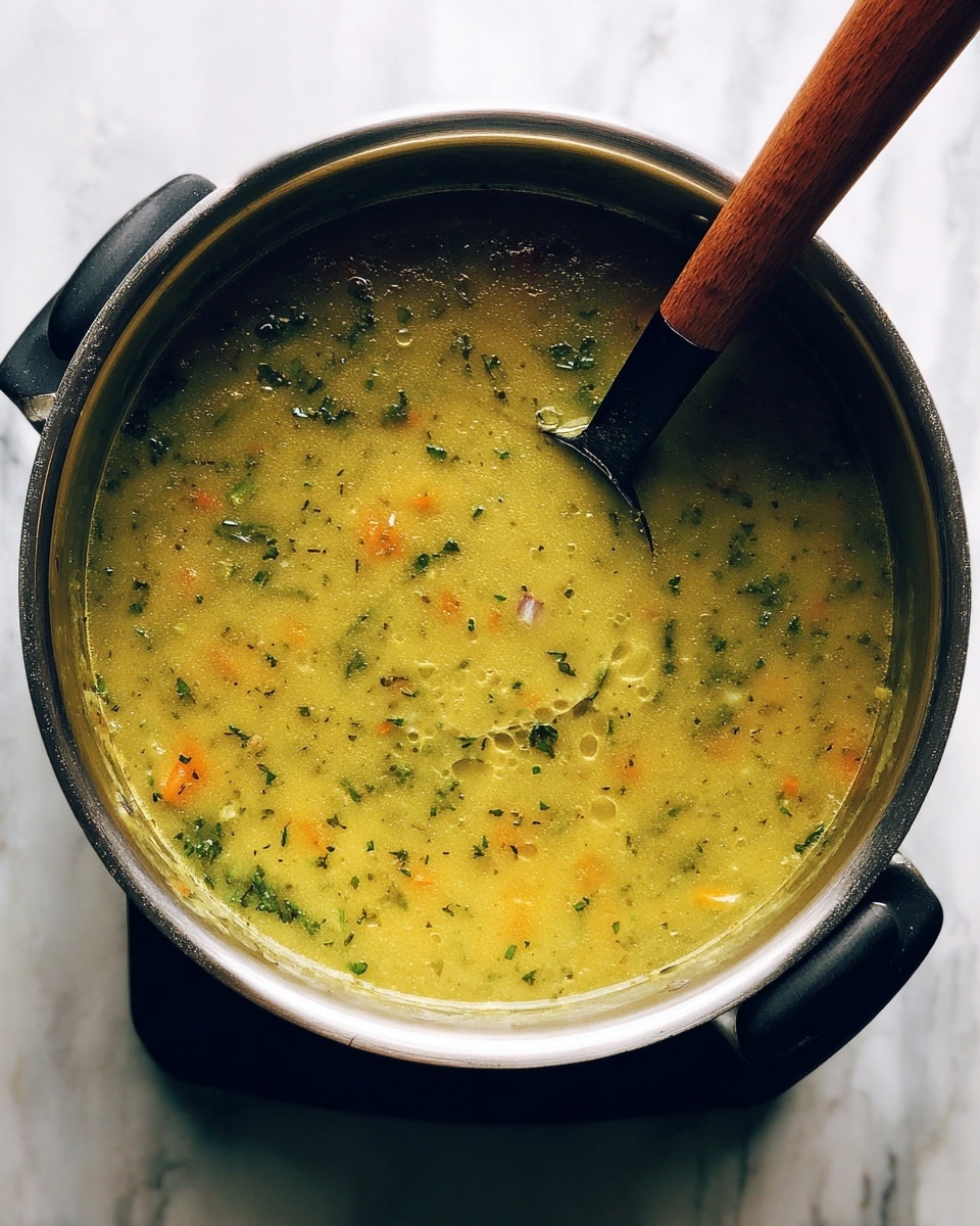 A metal pot filled with a thick, light greenish-yellow soup that has visible small bits of herbs and some orange pieces mixed in, with a black ladle resting inside the soup, showing part of its wooden handle. The pot sits on a black base, and the background has a white marbled texture. photo taken with an iphone --ar 4:5 --v 7