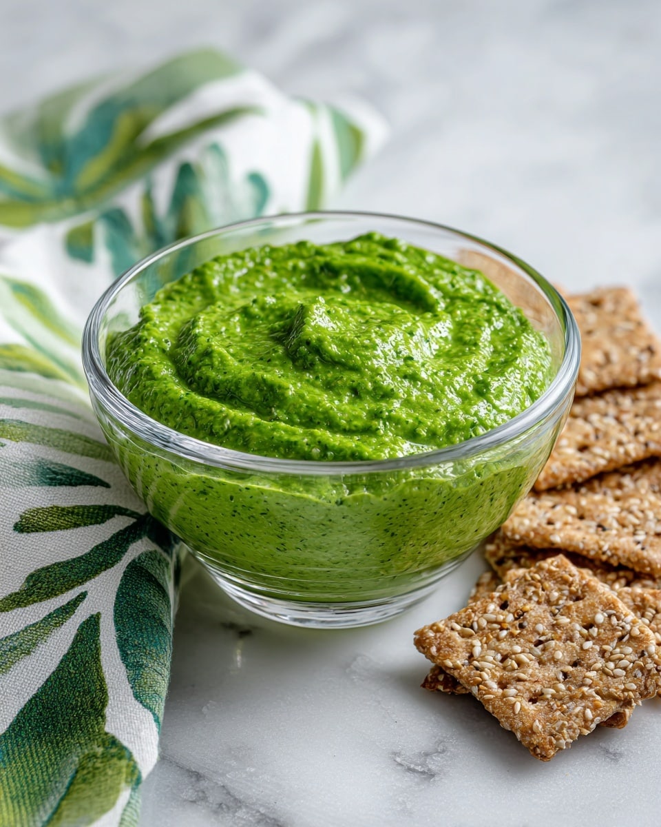 A clear glass bowl filled with a thick, bright green sauce with small bits visible throughout, placed on a white marbled surface. Next to the bowl, there are several hexagonal crackers with visible seeds and grains on top, all arranged neatly. A green and white patterned cloth with large leaf designs is partially seen on the side. The image is clean, bright, and focused from above. photo taken with an iphone --ar 4:5 --v 7