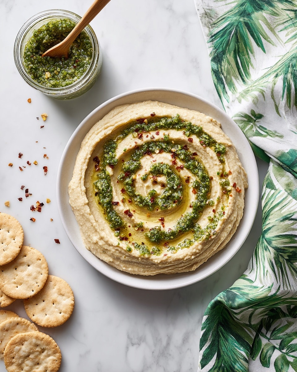 A white plate holds a creamy layer of beige hummus spread evenly in a circular shape. On top of the hummus is a bright green pesto sauce drizzled in a spiral pattern, with some small bits of red pepper flakes sprinkled around for color contrast. Near the plate, there is a clear glass jar filled with more pesto, and a wooden spoon is inside it. On the left side, there are several light brown crackers scattered on the white marbled surface. To the right, a green and white tropical leaf patterned cloth is casually folded. The photo taken with an iphone --ar 4:5 --v 7