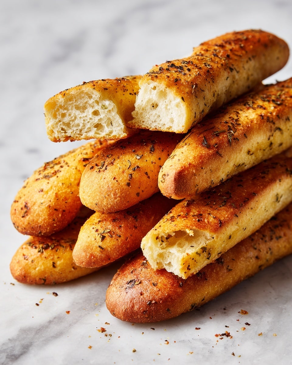 A stack of golden brown breadsticks is shown on a white marbled surface, with visible seasoning of herbs and crumbs sprinkled on top. The breadsticks have a slightly crispy textured crust with small cracks and a soft, fluffy inside, evident from one breadstick at the top that has a bite taken from its end. The breadsticks are placed closely together, forming a casual pile with different angles, giving a warm and inviting look. Photo taken with an iphone --ar 4:5 --v 7