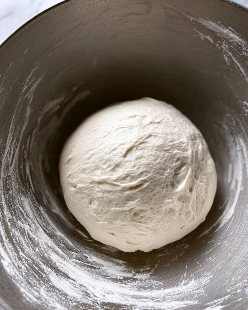 A large, smooth ball of soft white dough sits in the center of a tall metallic mixing bowl. The dough has a slightly shiny surface with some small folds and creases visible on top. Around the dough, the inside of the bowl shows light streaks where the dough was mixed. The background is a white marbled texture. photo taken with an iphone --ar 4:5 --v 7