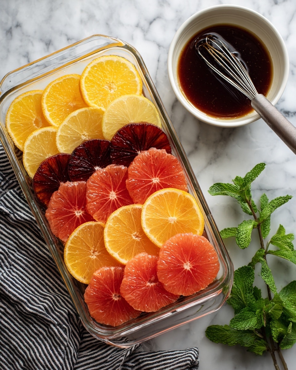 The image shows a clear rectangular glass container filled with four layers of citrus slices neatly arranged side by side. The top layer is bright yellow orange slices, followed by dark red blood orange slices beneath. Below the blood orange slices are medium orange slices, and at the bottom, there are light pink grapefruit slices. To the right of the container, there is a small white bowl with a dark brown liquid inside, and a silver whisk resting in the bowl. A black and white striped cloth is partly visible underneath the bowl. The background is a white marbled surface with a sprig of green mint leaves at the bottom right corner. Photo taken with an iphone --ar 4:5 --v 7