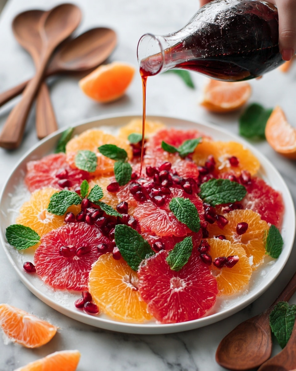 A white plate holds a colorful citrus salad arranged in layers. The bottom layer is made up of bright orange slices arranged in a circle, topped with deep pink grapefruit slices spread evenly over the oranges. Scattered on top are shiny, dark red pomegranate seeds and fresh green mint leaves. A woman's hand pours a dark red liquid from a clear glass bottle over the salad. The plate sits on a white marbled surface with wooden spoons and sliced oranges and grapefruit pieces placed loosely around. photo taken with an iphone --ar 4:5 --v 7