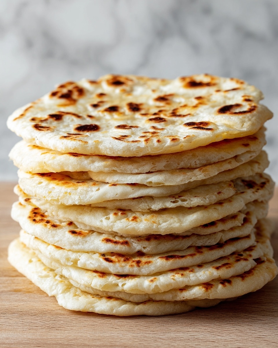 A tall stack of six flatbreads sits on a light brown wooden surface, each flatbread is round with slightly uneven edges and a soft, thick texture. The flatbreads have a light golden color with darker toasted spots scattered on the top layers, showing a warm, cooked look. The layers are slightly fluffy, and edges look a bit puffy with a smooth surface featuring small dimples and bubbles from cooking. The background features a white marbled texture. Photo taken with an iphone --ar 4:5 --v 7