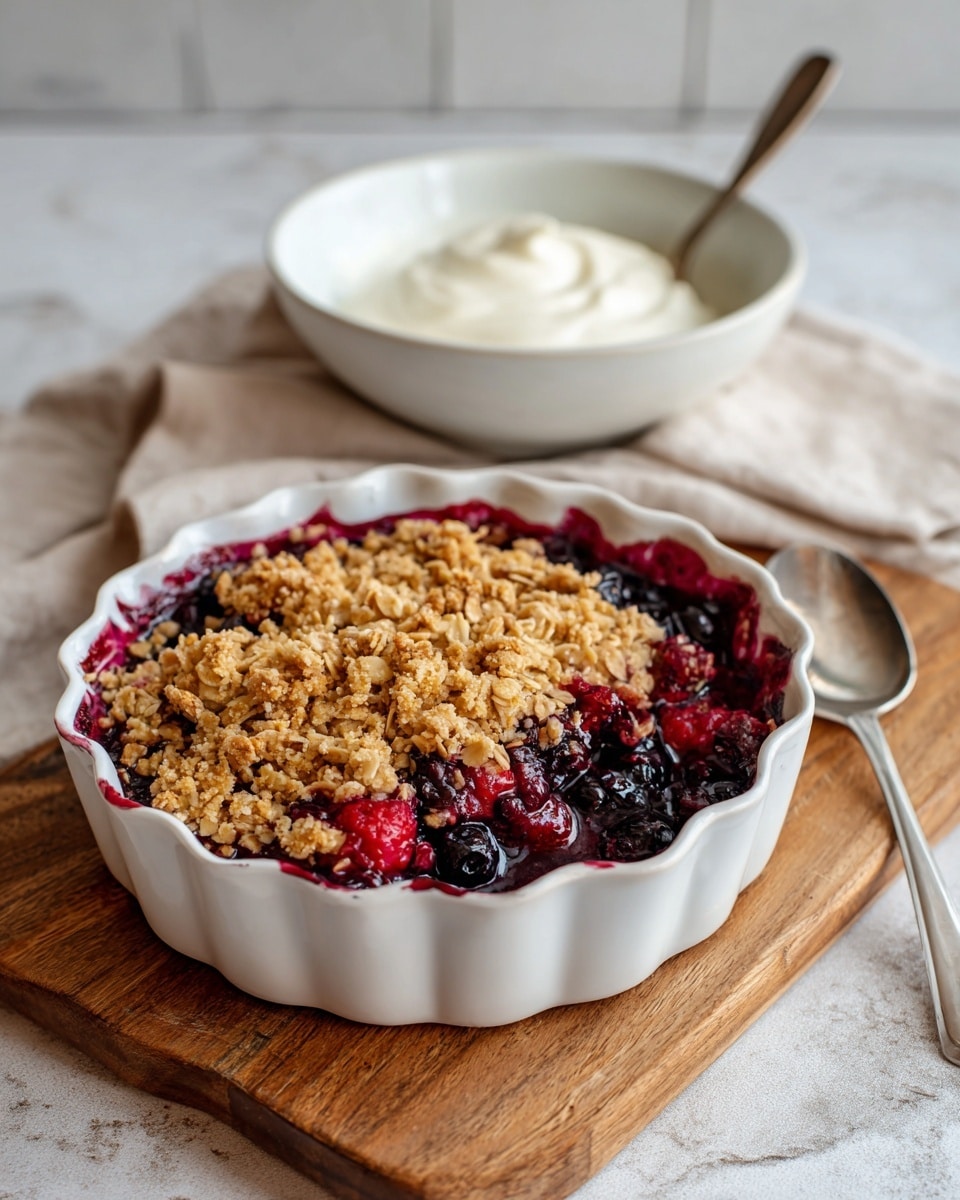 The image shows a white scalloped edge dish filled with a berry crisp dessert. The bottom layer is a dark red and purple berry filling with whole and crushed berries visible. On top, there is a crumbly golden brown oat topping with a rough texture. In the background, a white bowl filled with a smooth white cream or yogurt has a spoon resting inside. The dish and bowl are placed on a wooden board, which is set on a white marbled textured surface with a light beige cloth nearby. photo taken with an iphone --ar 4:5 --v 7