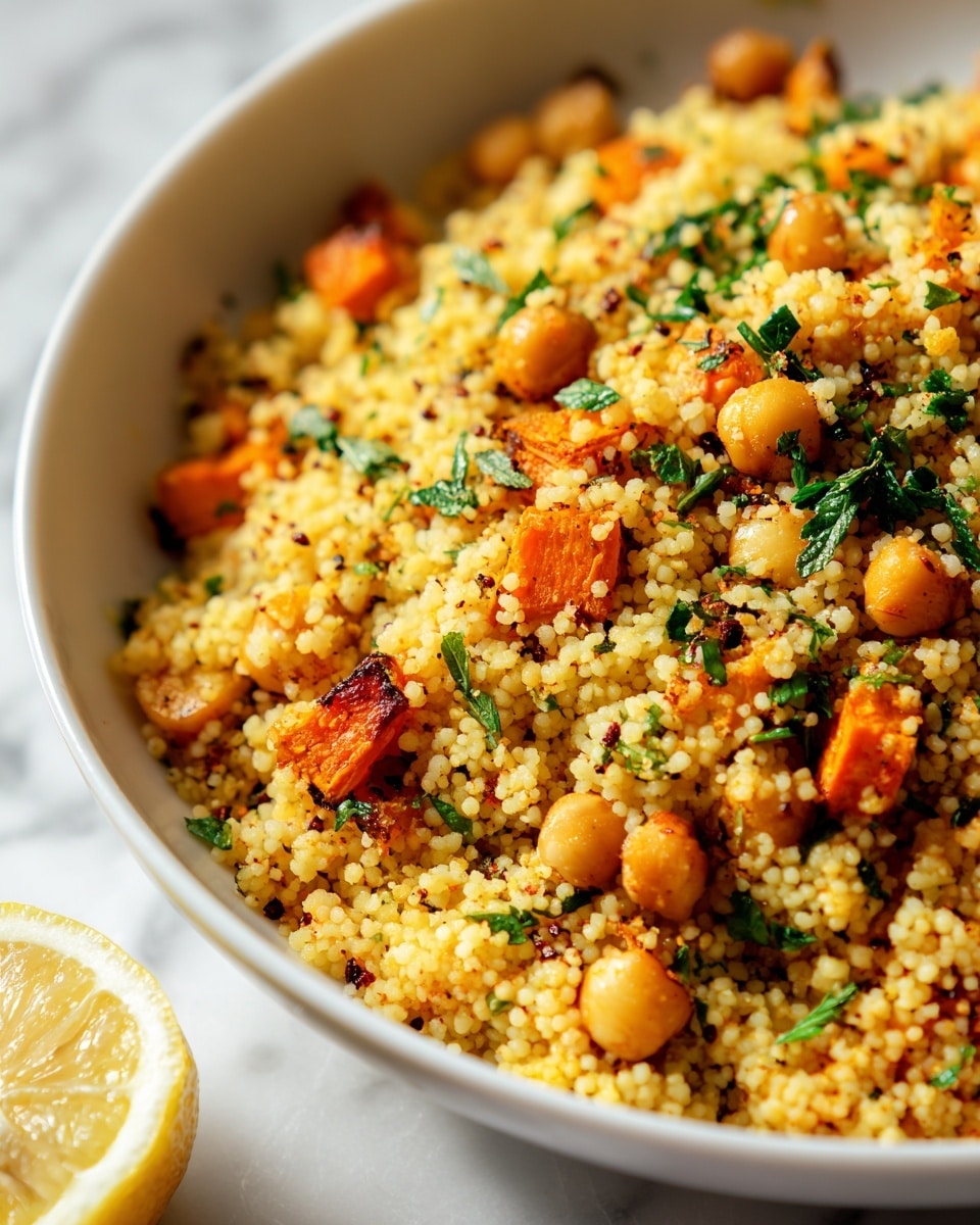 A close-up view of a white bowl filled with a textured couscous dish that has small, round yellow grains mixed with roasted small cubes of orange sweet potato and whole chickpeas. There are scattered small green herbs on top, adding a fresh contrast. The bowl sits on a white marbled surface, and part of a lemon half, showing its bright yellow inside, is blurred in the background. photo taken with an iphone --ar 4:5 --v 7