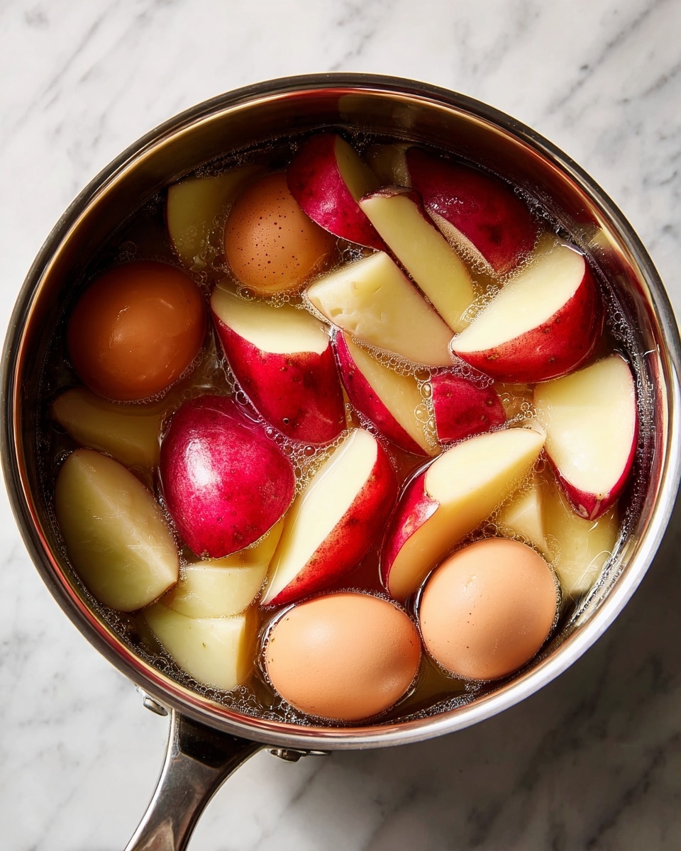 A shiny silver pot filled with water sits on a stove with a white marbled surface underneath. Inside the pot, there are many pieces of red potatoes cut into large wedges with smooth cream-colored inside and bright red skin. Among the potatoes, there are several whole brown eggs with smooth shells. The water is clear and shows the ingredients floating inside, with small bubbles forming on the potatoes and eggs. The scene captures the cooking process before boiling is complete. photo taken with an iphone --ar 4:5 --v 7