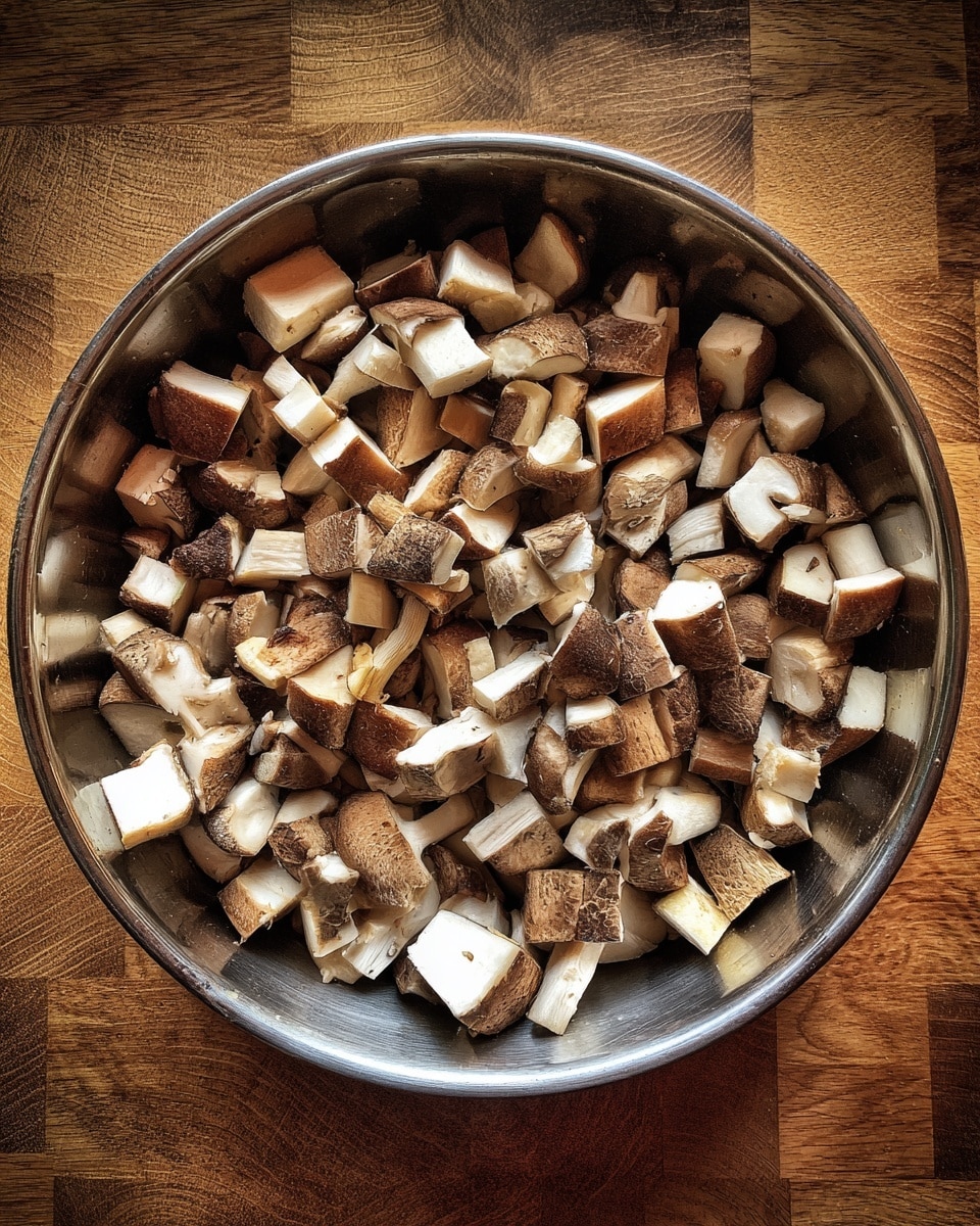 A large metal bowl filled with many small pieces of light brown and white mushrooms. The mushrooms have a smooth texture and are cut into uneven cubes and chunks, filling the bowl up fully. The bowl sits on a wooden surface. photo taken with an iphone --ar 4:5 --v 7