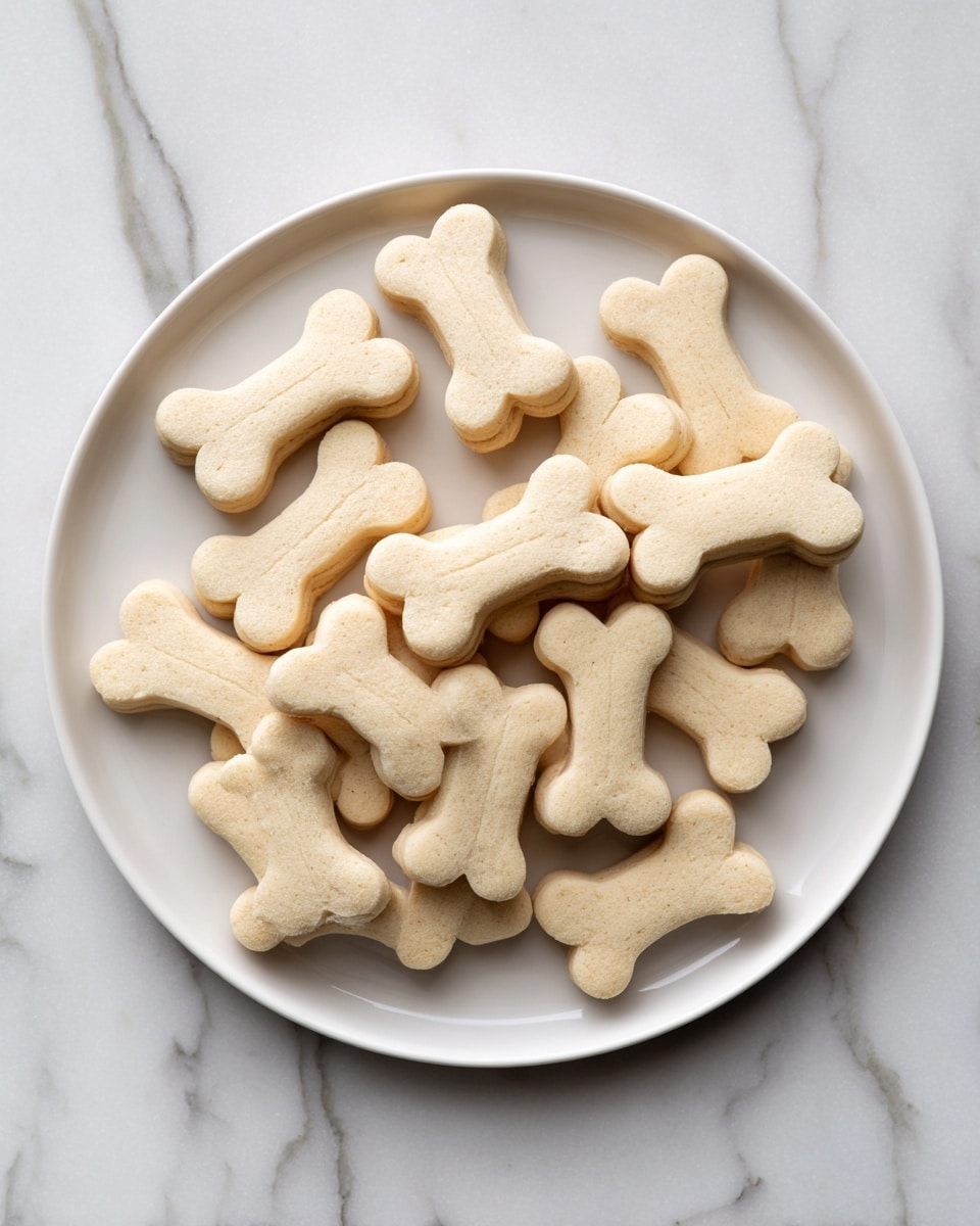 The image shows a white plate on a white marbled surface, with several small, light beige dog bone-shaped treats spread out evenly. Each treat has a smooth texture and is solid with rounded edges and distinct round ends. The treats have a simple, uniform color and shape, resting flat on the plate. Photo taken with an iphone --ar 4:5 --v 7