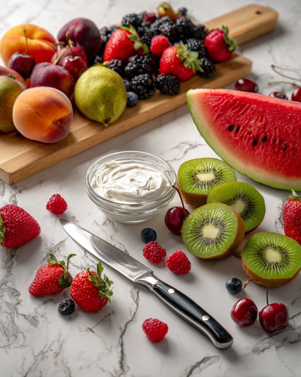 The image shows fresh fruit and a bowl of cream on a white marbled surface. In the front, there are sliced green kiwis and halved strawberries spread out next to a black-handled knife with a silver blade. To the left is a clear glass bowl with white cream inside. Small red raspberries are scattered near the bowl. Further back on a wooden board, there are whole strawberries, blackberries, red and yellow cherries mixed with blueberries, a whole peach, a whole kiwi, and a large slice of red watermelon with a green rind at the back. The scene looks like fruits are ready to be used in a recipe. Photo taken with an iphone --ar 4:5 --v 7
