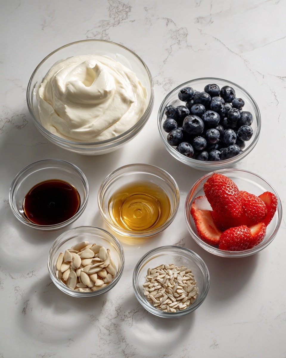 The image shows seven clear glass bowls arranged on a white marbled surface. The largest bowl in the back contains thick white yogurt with a creamy texture. To the right of the yogurt, there is a medium bowl filled with dark blue blueberries, round and fresh. Next to the blueberries is another medium bowl holding bright red strawberry slices neatly stacked. In front, a small bowl at the center contains golden honey with a shiny, smooth surface. To the left of the honey is a very small bowl with dark brown vanilla extract, glossy and liquid. In the front left, there is a small bowl filled with light brown sliced almonds with scaly edges. On the front right, a small bowl has pale beige sunflower seeds, smooth and round. The bowls are evenly spaced across the white marbled surface. Photo taken with an iphone --ar 4:5 --v 7