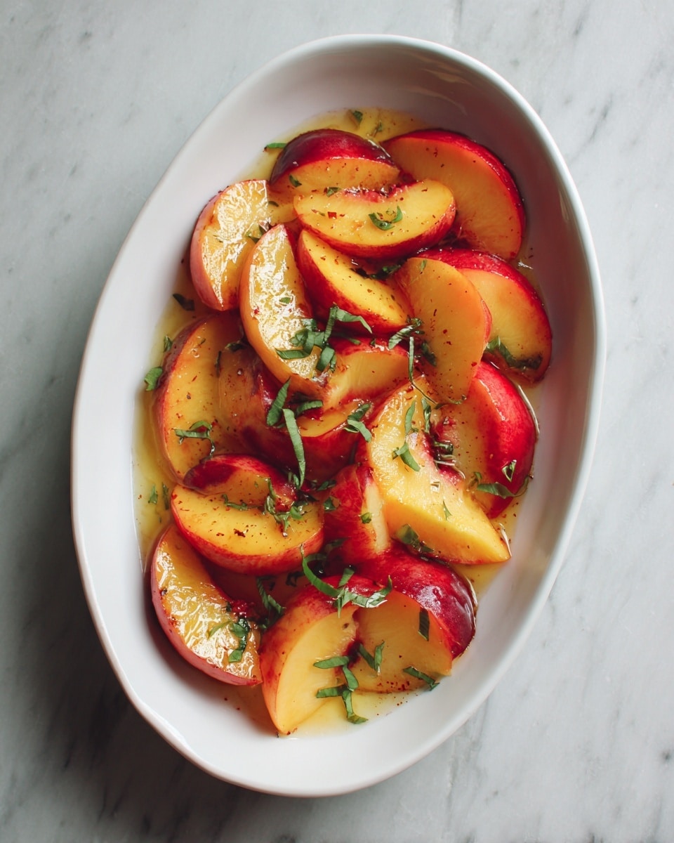 A white oval dish is filled with about two layers of sliced peaches. The peach slices show a mix of orange and red skin, with yellow-orange flesh. There are small green herbs scattered on top, adding a touch of color contrast. The dish is placed on a white marbled surface. photo taken with an iphone --ar 4:5 --v 7