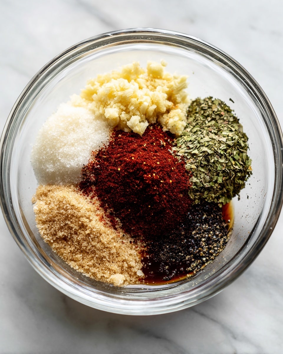 A clear glass bowl sits on a white marbled surface, containing six visible layers of ingredients arranged side by side. Starting from the top right, there is a rough yellowish layer of minced garlic, next to it a coarse green layer of dried oregano leaves occupying the right side. Below oregano, a thin layer of liquid soy sauce spreads along the bottom edge. Above the soy sauce is a mound of dark red chili powder sprinkled with coarse black pepper in the center. To the left of the chili powder is a pale granular layer of brown sugar. The colors vary from light yellow, green, brown, dark red, black specks, and dark liquid, all separated but close to each other, filling the bowl. Photo taken with an iphone --ar 4:5 --v 7