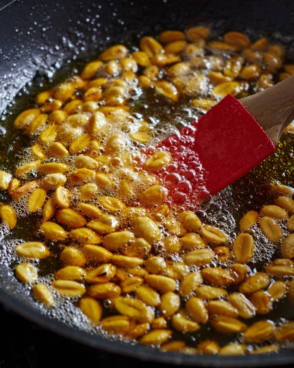 The image shows a black pan filled with golden yellow peanuts bubbling and frying in hot oil. The peanuts are spread evenly across the pan's surface, with the oil around them bubbling actively. A red spatula with a wooden handle is partially submerged in the oil on the right side, stirring or moving the peanuts. The background and surface are not visible, focusing fully on the pan and cooking peanuts. photo taken with an iphone --ar 4:5 --v 7