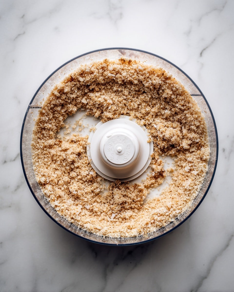 A close-up image of a food processor bowl filled with finely crushed light brown crumbs, with some small chunks scattered evenly. In the center, the white circular blade attachment is visible, surrounded by the crumb mix. The bowl itself is transparent, and the whole scene sits on a white marbled surface. The texture of the crumbs looks dry and slightly rough. photo taken with an iphone --ar 4:5 --v 7