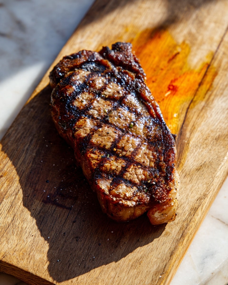 A juicy cooked steak sits alone on a wooden cutting board with a golden-brown crust and visible seasoning, featuring grill marks running vertically across its surface. The steak has a glossy, slightly oily texture, showing a mix of darker browned areas and lighter juicy spots, all under warm sunlight that casts a soft shadow. The wooden board underneath has a natural grain pattern with a small orange stain near the top on a white marbled texture. Photo taken with an iphone --ar 4:5 --v 7