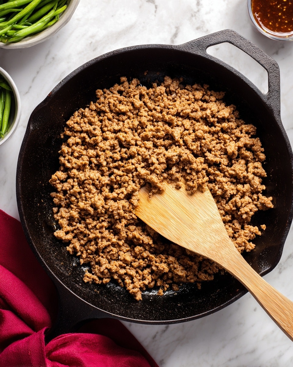 A black cast iron pan filled with one layer of cooked ground meat, showing a light brown color and crumbly texture, with some oil glistening around the edges. A wooden spatula with a smooth surface is partly resting inside the pan, positioned diagonally from the bottom left corner toward the center. The pan sits on a white marbled surface, with a red cloth partially visible on the lower right side and small bowls with green beans and sauce on the top left and right edges. photo taken with an iphone --ar 4:5 --v 7